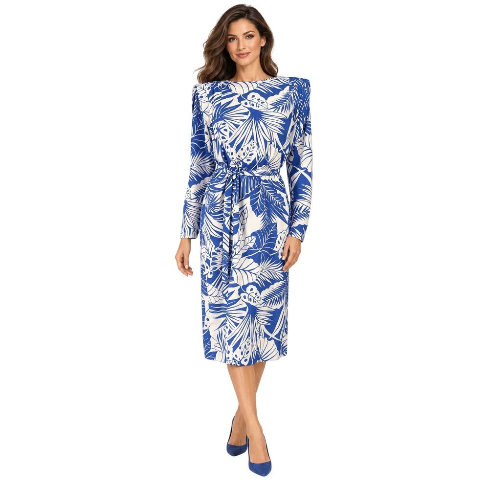 Vintage Diana Charles Dress Womens 8 Blue White Tropical Leaf Belted Midi